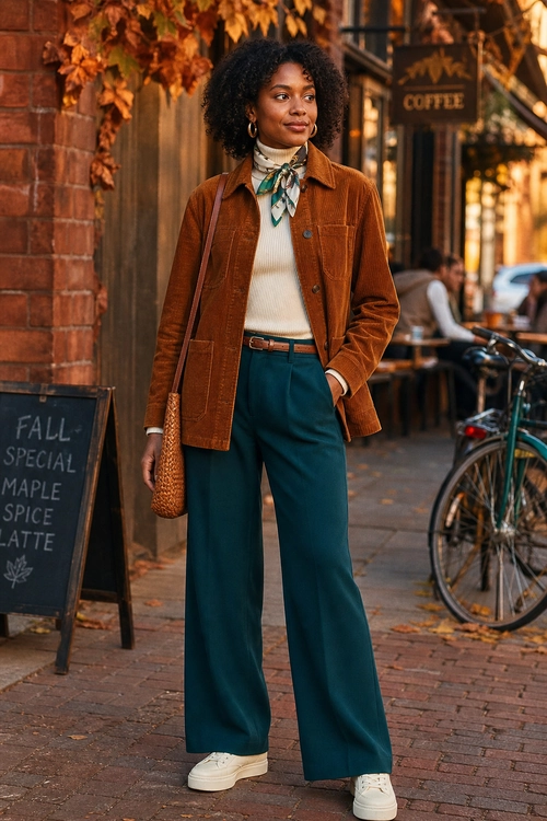 A person wears a brown textured jacket over a cream turtleneck with a patterned neck scarf, teal wide-leg trousers, white sneakers, and a woven shoulder bag.