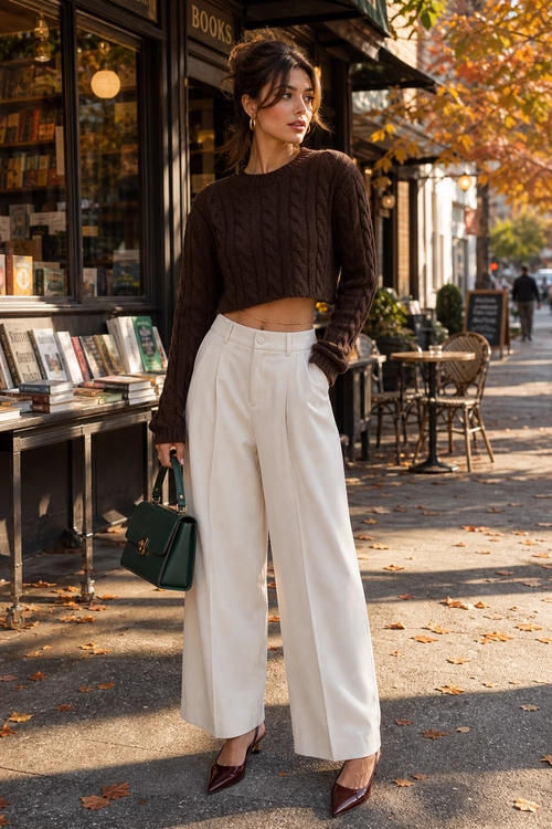 A brown cable-knit cropped sweater styled with cream wide-leg trousers, burgundy pointed heels, and a dark green structured handbag.
