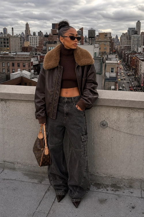 Brown Leather Jacket and Cargo Jeans A woman wears a brown leather jacket with a shearling collar, cropped ribbed turtleneck, dark cargo jeans, pointed black shoes, sunglasses, and a monogram handbag on a rooftop.