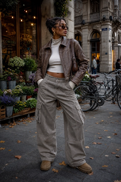 Brown Leather Jacket and Cargo Pants A street-style outfit featuring a brown leather jacket, cream cropped turtleneck, gray cargo pants, brown shoes, sunglasses, and a shoulder bag.