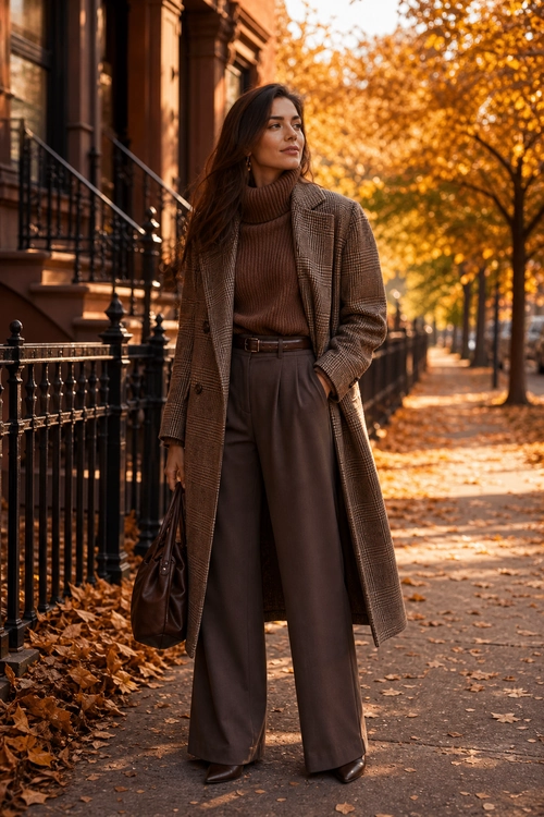 Brown Plaid Coat and Wide-Leg Trousers Woman wearing a long brown plaid coat over a brown turtleneck and wide-leg trousers with a leather handbag.
