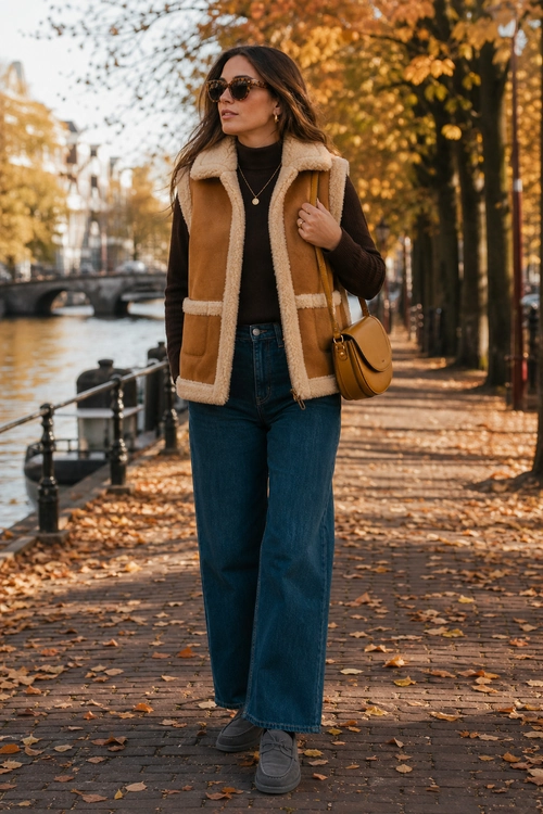 Brown Shearling Vest and Wide-Leg Jeans A woman wears a brown shearling-trimmed vest over a black turtleneck with wide-leg blue jeans, gray shoes, sunglasses, and a tan shoulder bag.