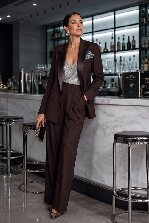 Brown Suit with Silver Camisole A woman wears a dark brown tailored suit with wide-leg trousers, a silver embellished camisole, statement earrings, a pocket square, a small clutch, and pointed heels.