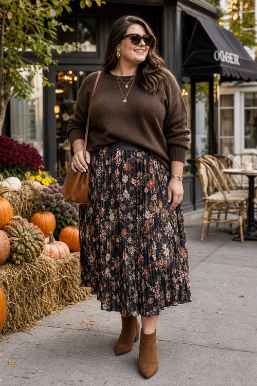 A woman wears a brown oversized sweater with a dark floral pleated midi skirt, tan ankle boots, sunglasses, layered necklaces, and a tan shoulder bag.