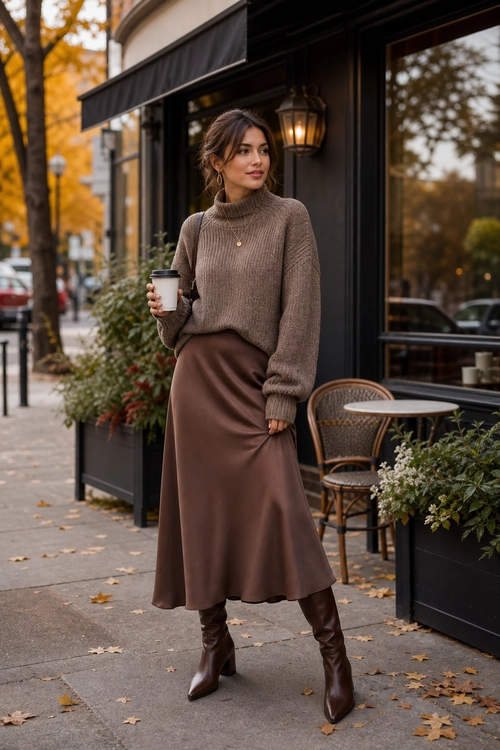 Brown Sweater and Satin Skirt Outfit A woman wears a taupe turtleneck sweater with a brown midi skirt, dark brown knee-high boots, and a small pendant necklace.