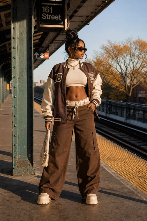 Brown Varsity Streetwear Look A person wears a brown varsity jacket with cream sleeves, a cropped beige top, wide-leg brown pants, white sneakers, sunglasses, and a small light-colored shoulder bag on a train platform.