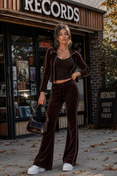 A woman wears a brown cropped zip jacket and matching wide-leg velvet pants with white sneakers and a shoulder bag.