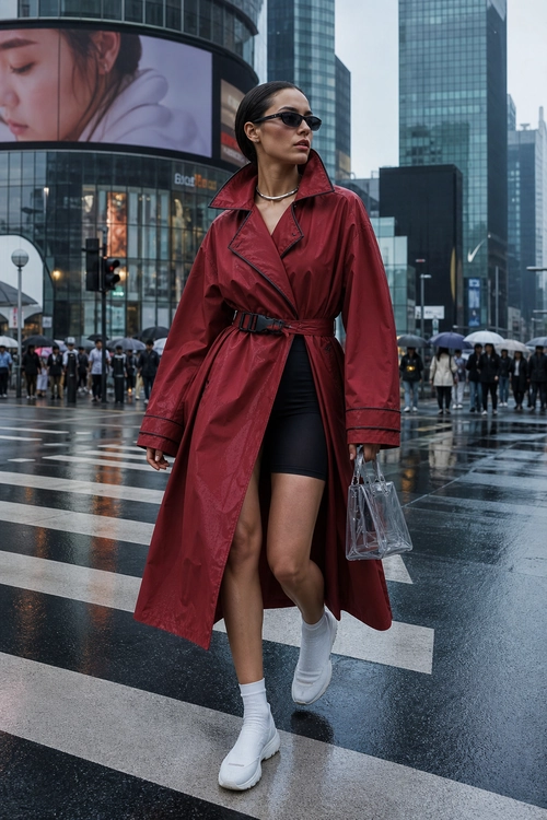 A woman wears a burgundy belted trench coat over black fitted shorts with white socks, white sneakers, black sunglasses, and a transparent tote.