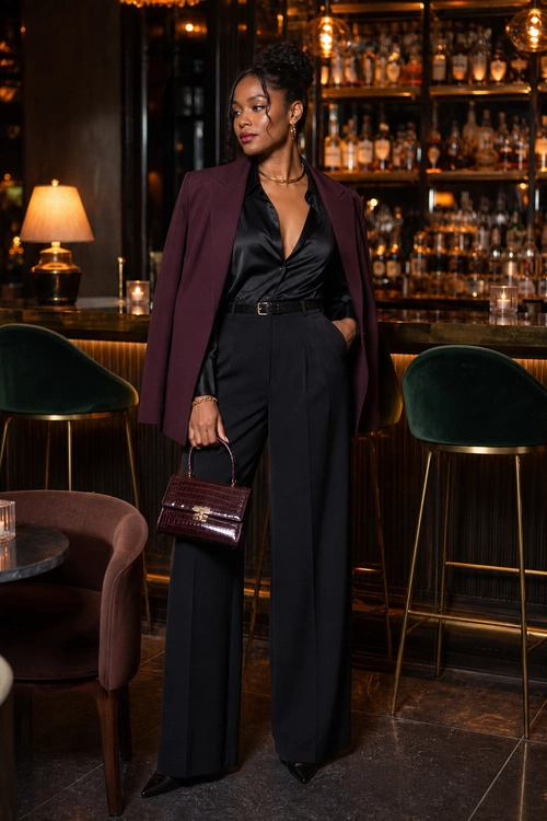 Burgundy Blazer Evening Look A woman wears a burgundy blazer draped over a black satin blouse with wide-leg black trousers, pointed shoes, and a burgundy handbag.