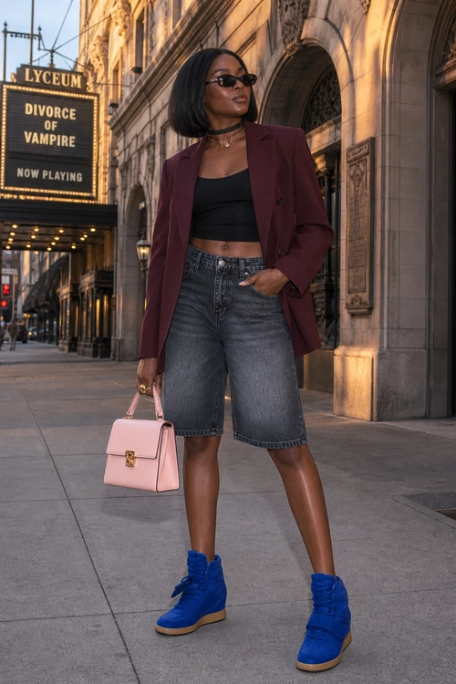 Burgundy Blazer and Denim Shorts Outfit A street style outfit featuring a burgundy blazer, black cropped top, gray denim Bermuda shorts, blue high-top sneakers, sunglasses, and a pink handbag.