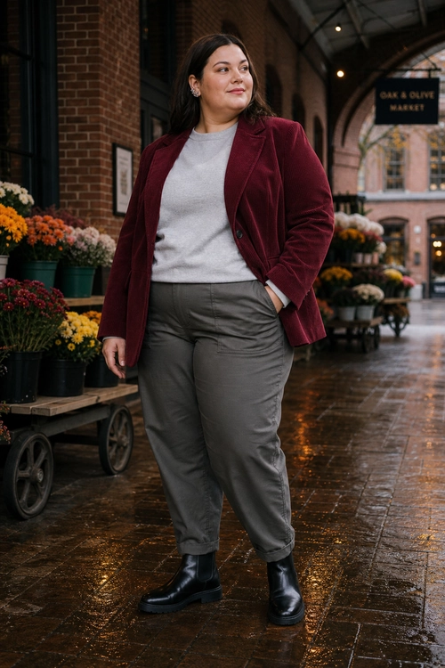 Burgundy Blazer with Gray Trousers A woman wears a burgundy blazer over a gray sweater with gray trousers and black ankle boots.