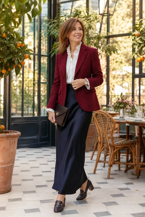 Burgundy Blazer and Navy Skirt A woman wears a burgundy blazer over a white blouse with a long navy skirt, dark loafers, drop earrings, and a brown clutch.