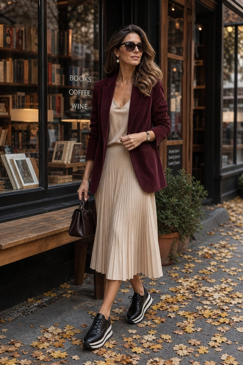 Woman wearing a burgundy blazer, beige pleated midi skirt, satin camisole, black platform sneakers, sunglasses, and a small dark handbag.