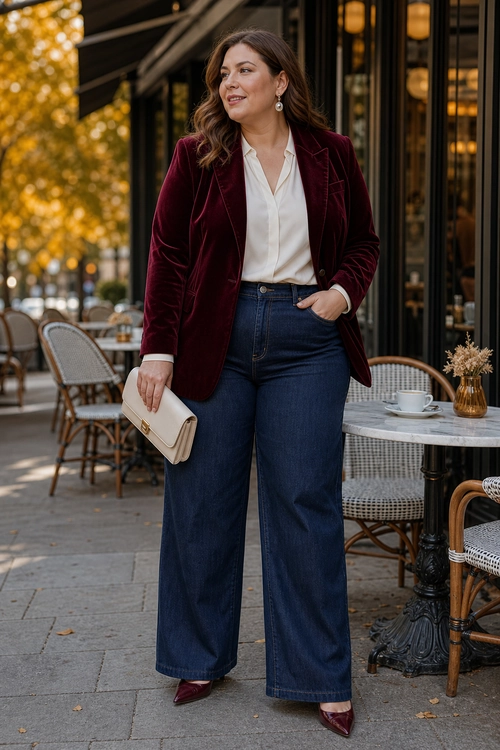 Woman wearing a burgundy velvet blazer, white blouse, dark wide-leg jeans, burgundy heels, and a cream clutch.