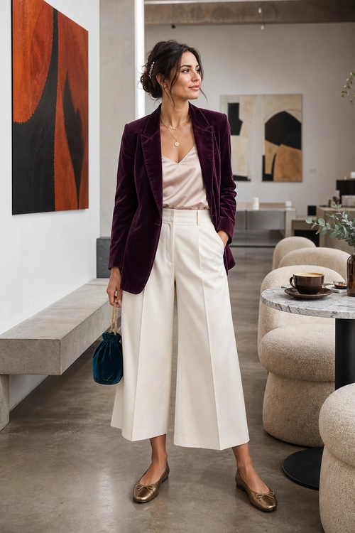 Burgundy Blazer and Wide-Leg Trousers A woman wears a burgundy blazer with a silky camisole, ivory wide-leg cropped trousers, metallic loafers, a pendant necklace, and a small teal handbag.