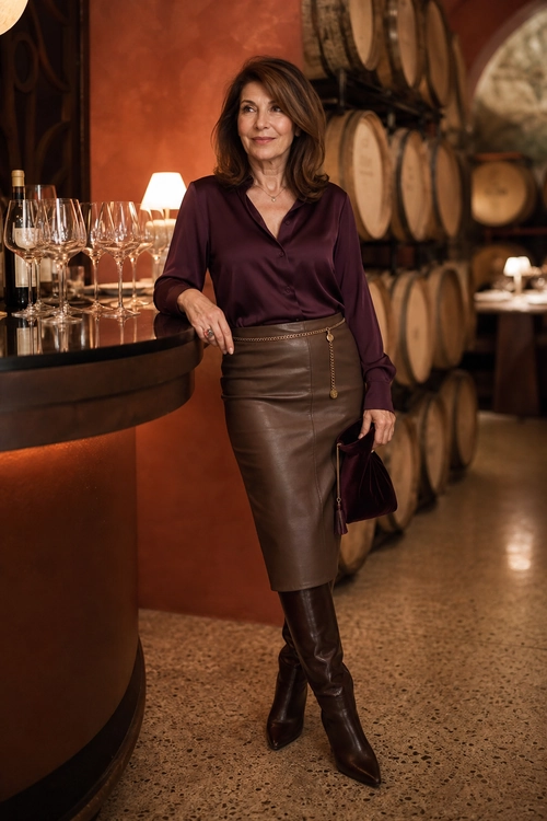 Burgundy Blouse and Leather Skirt Woman wearing a burgundy satin blouse, brown leather pencil skirt, knee-high boots, and a matching clutch in a wine cellar setting.