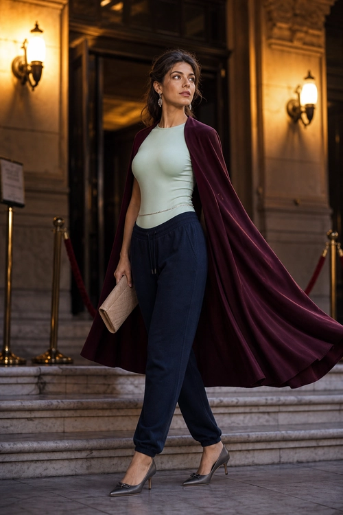 Burgundy Cape and Navy Trousers A woman wears a burgundy cape over a pale mint sleeveless top, navy trousers, pointed heels, and carries a beige clutch.