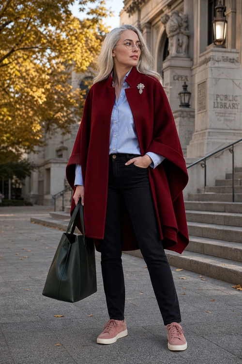 Burgundy Cape and Pink Sneakers Outfit A burgundy cape layered over a light blue button-up shirt with black trousers, pink sneakers, and a dark green tote bag.
