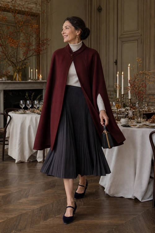Burgundy Cape and Pleated Skirt A woman wears a burgundy cape over a cream turtleneck with a charcoal pleated midi skirt, black Mary Jane heels, and a small black top-handle bag.