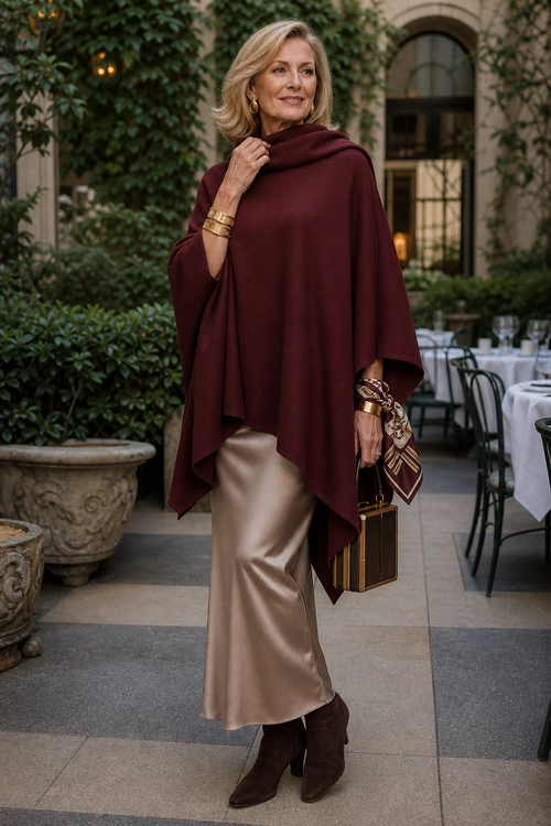Burgundy Cape and Satin Skirt A woman wears a burgundy cape-style wrap with a champagne satin midi skirt, brown ankle boots, gold jewelry, and a structured handbag.