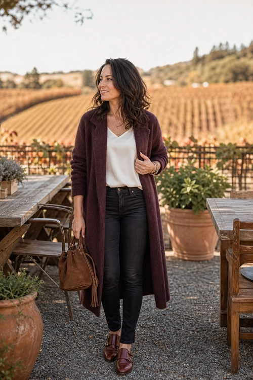 Burgundy Cardigan Outfit A woman wears a long burgundy cardigan over a white V-neck top with black skinny jeans, brown loafers, and a brown handbag.