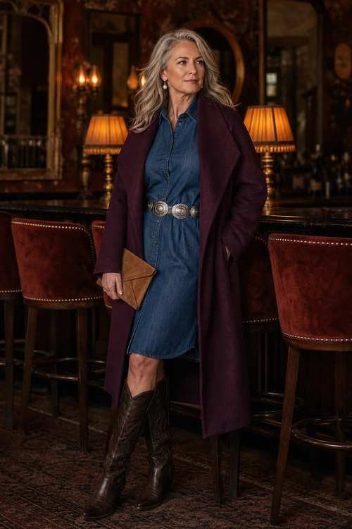 A woman wears a long burgundy coat over a denim shirt dress with a silver belt, brown knee-high boots, and a brown clutch.