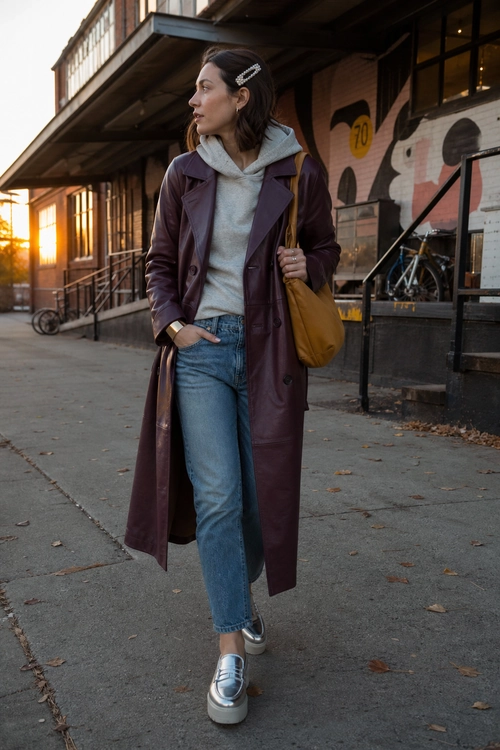 A woman wears a long burgundy coat over a gray hoodie with blue jeans, silver platform loafers, and a mustard shoulder bag.