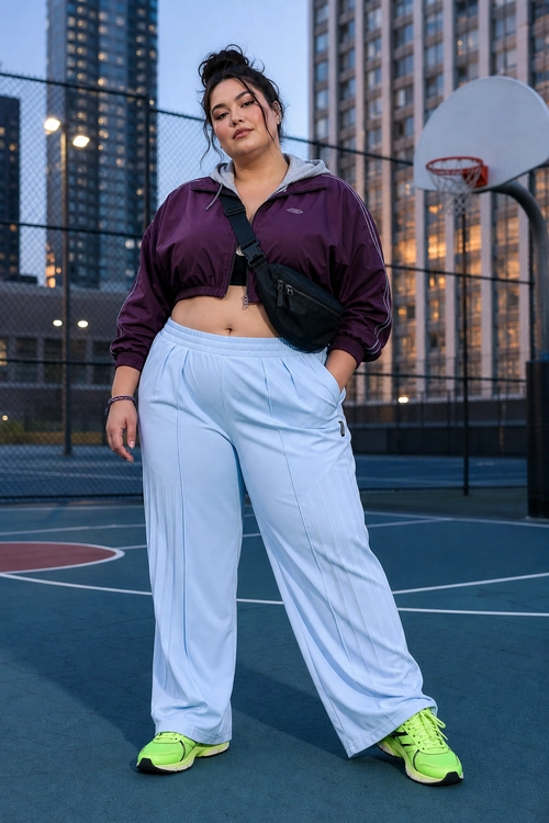 A sporty outfit featuring a burgundy cropped jacket, gray hood, light blue wide-leg track pants, black crossbody bag, and neon green sneakers.