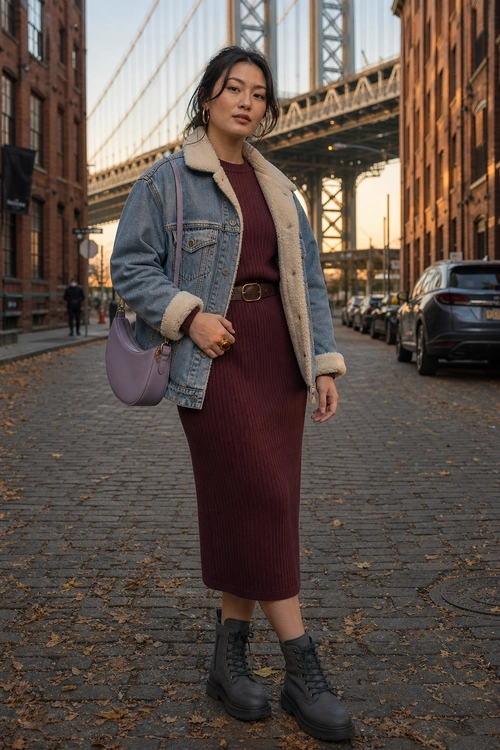 A burgundy ribbed midi dress is styled with a shearling-lined denim jacket, brown belt, mauve shoulder bag, and black lace-up boots.