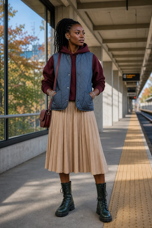 A woman wears a burgundy hoodie, navy quilted vest, beige pleated midi skirt, black lace-up boots, and a burgundy shoulder bag.