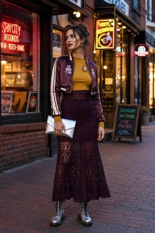 Burgundy Jacket and Lace Skirt Outfit A woman wears a burgundy embroidered cropped jacket, mustard top, burgundy lace skirt, silver clutch, and black lace-up boots on a city street.