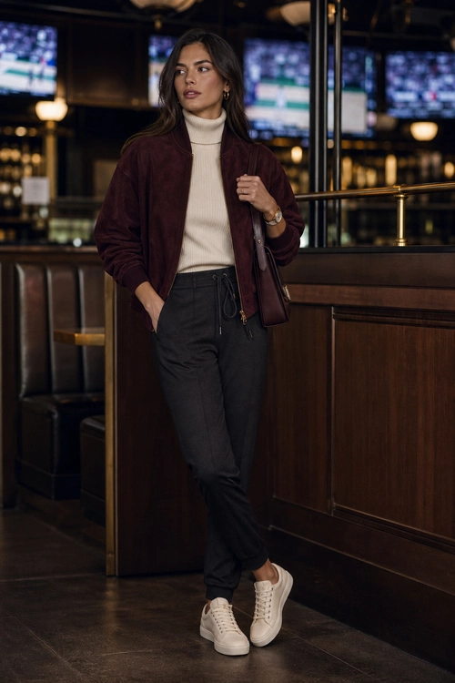 A woman wears a burgundy jacket over a cream turtleneck with charcoal jogger pants, white sneakers, hoop earrings, a watch, and a shoulder bag.