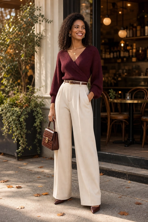 A woman wears a burgundy wrap-style knit top with cream wide-leg trousers, a brown belt, brown handbag, and pointed heels.