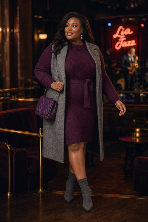 A woman wears a burgundy ribbed knit dress with a tie waist, a long gray sleeveless vest, gray ankle boots, a purple shoulder bag, and dangling earrings.