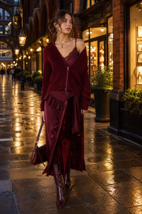 Burgundy Layered Evening Look A burgundy cardigan layered over a lace camisole with a flowing satin skirt, knee-high boots, and a shoulder bag.
