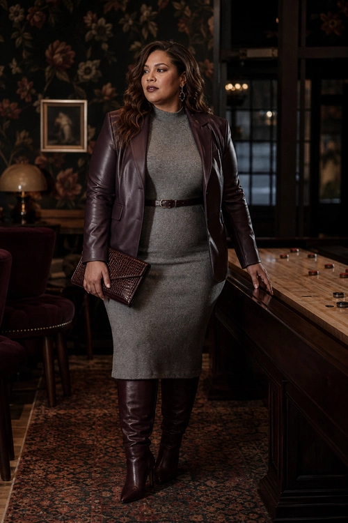 A woman wears a burgundy leather blazer over a gray turtleneck midi dress with a slim belt, matching knee-high boots, a clutch, and earrings.