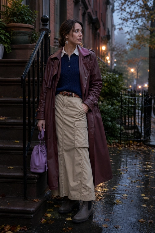 Burgundy Leather Coat and Cargo Skirt Outfit A woman wears a burgundy leather coat over a navy collared knit top and beige cargo midi skirt with black boots and a purple drawstring bag.