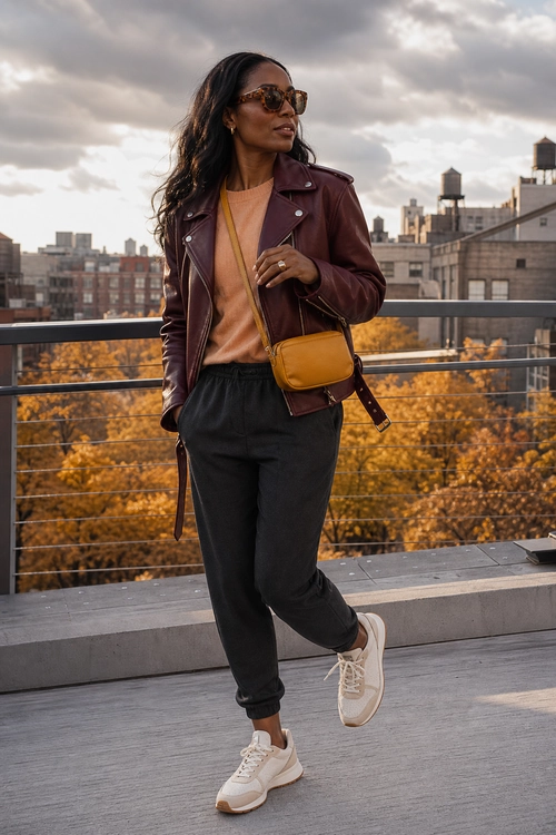 A casual outfit featuring a burgundy leather jacket, peach top, black jogger-style pants, white sneakers, sunglasses, and a mustard crossbody bag.