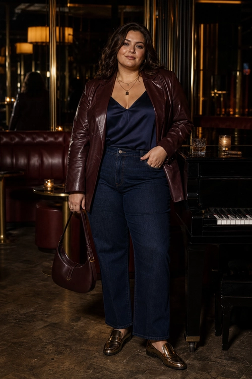 Burgundy Leather Jacket Outfit A woman wears a burgundy leather jacket over a navy camisole with dark wide-leg jeans, loafers, layered necklaces, and a matching shoulder bag.
