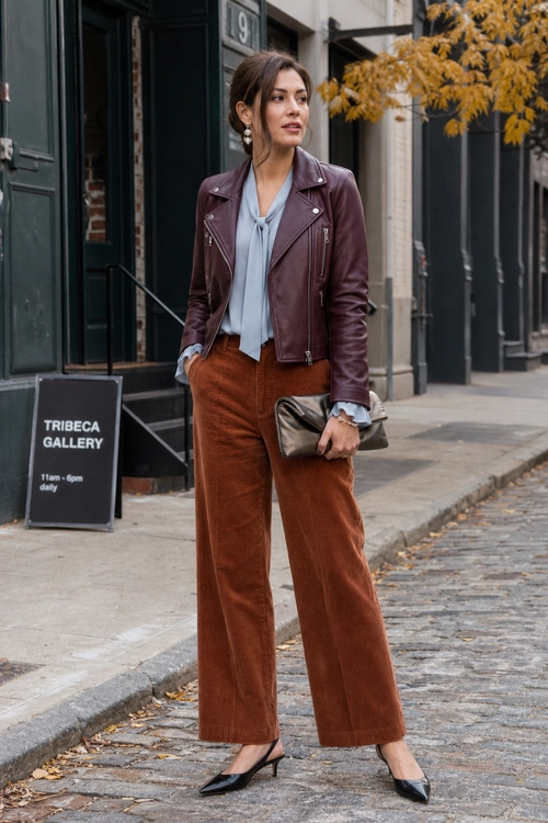 A woman wears a burgundy leather jacket over a light blue tie-neck blouse with rust wide-leg trousers and black pointed slingback heels.