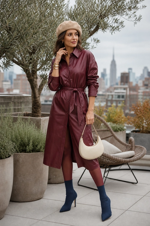 Burgundy Leather Shirt Dress Woman wearing a burgundy belted leather shirt dress with a beige beret, cream crescent bag, gold bracelets, and navy heeled sock boots.