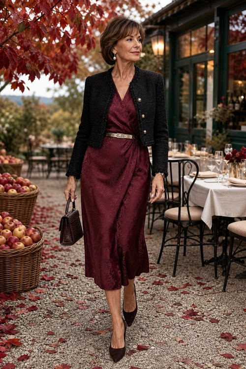 Burgundy Midi Dress with Cropped Jacket A woman wears a burgundy midi wrap dress with a black cropped jacket, metallic belt, dark handbag, and pointed pumps.