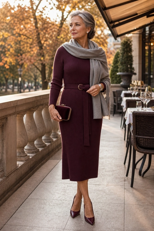 Burgundy Midi Dress with Gray Scarf A woman wears a burgundy ribbed midi dress with a matching belt, gray scarf, burgundy clutch, and pointed heels.