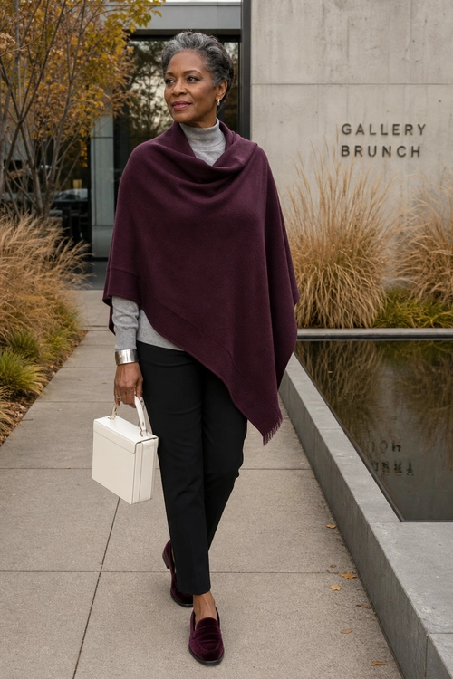 A woman wears a burgundy poncho over a gray turtleneck with black trousers, burgundy loafers, and a white top-handle bag.