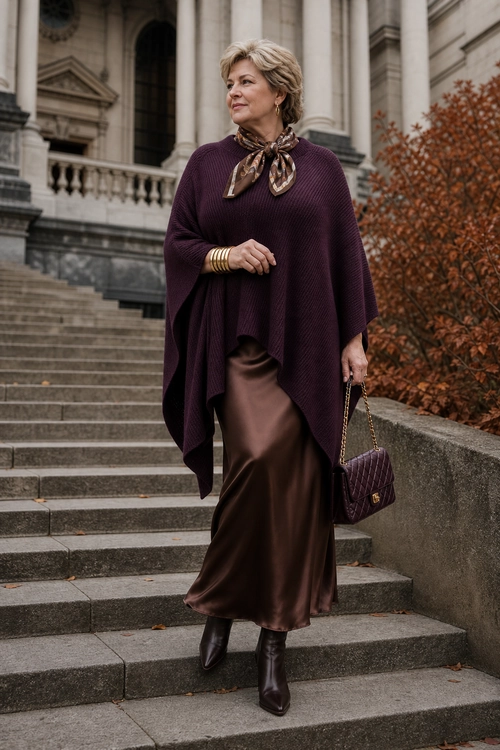 Woman wearing a burgundy poncho, patterned neck scarf, brown satin skirt, dark ankle boots, and a quilted chain-strap handbag on stone steps.