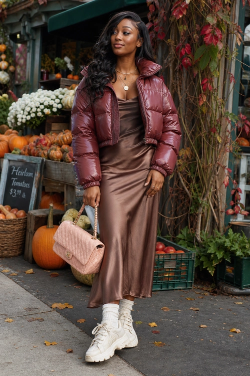 Burgundy Puffer Jacket with Satin Slip Dress Woman wearing a burgundy cropped puffer jacket over a brown satin slip dress with white socks, chunky sneakers, and a pink quilted handbag.