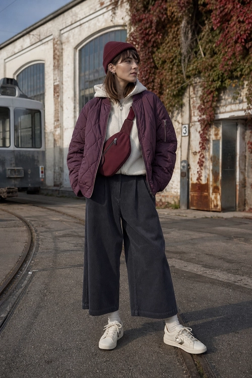 Burgundy Puffer Jacket and Wide-Leg Trousers A casual outfit featuring a burgundy quilted jacket, white hoodie, dark wide-leg cropped trousers, burgundy crossbody bag, beanie, and white sneakers.