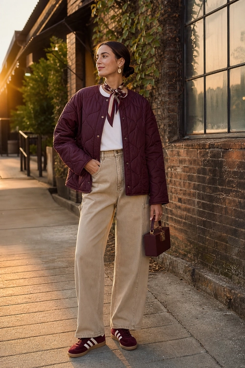 Burgundy Quilted Jacket Outfit A woman wears a burgundy quilted jacket over a white blouse with a ribbon tie, beige wide-leg trousers, burgundy sneakers, and carries a small structured handbag.