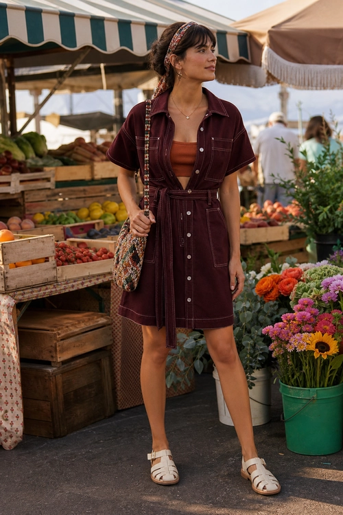 A woman wears a burgundy belted shirt dress over a rust camisole with white strappy sandals and a patterned shoulder bag at an outdoor market.