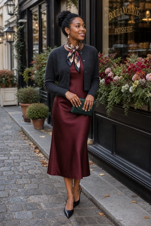A woman wears a burgundy satin midi dress with a dark cardigan, patterned neck scarf, green clutch, and black pointed-toe heels.